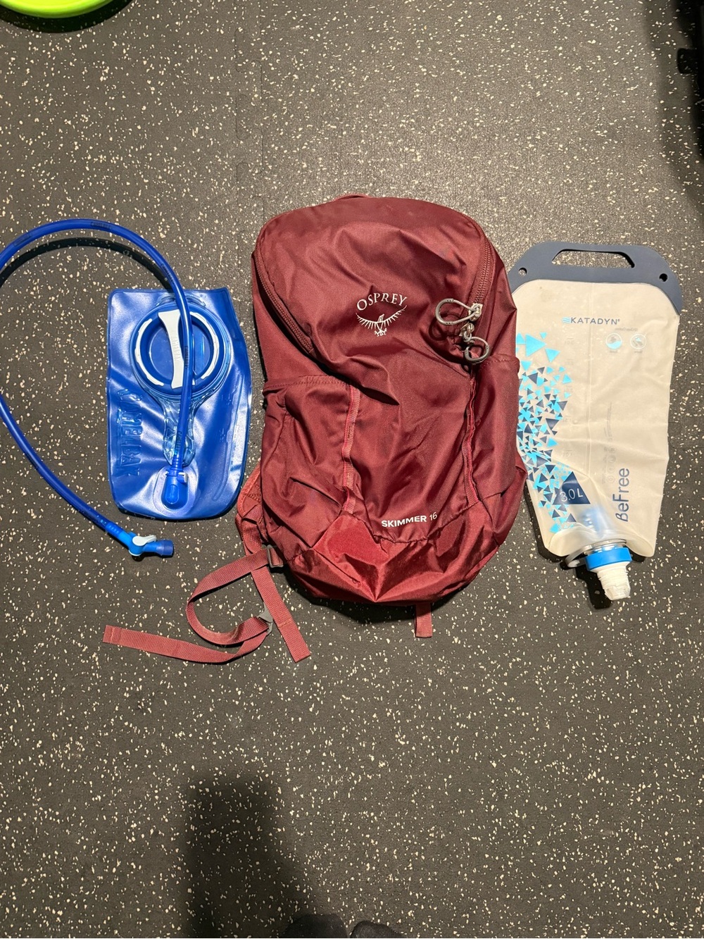 Osprey Backpack Skimmer 16, CamelBak Crux 1.5L Reservoir, Katadyn Water Filter